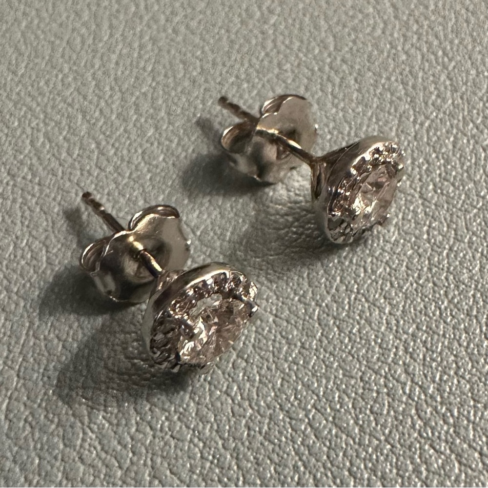 Diamond Halo Round Brilliant Stud Earrings 1.00 Ct TW 14K White Gold - Picture 6 of 8